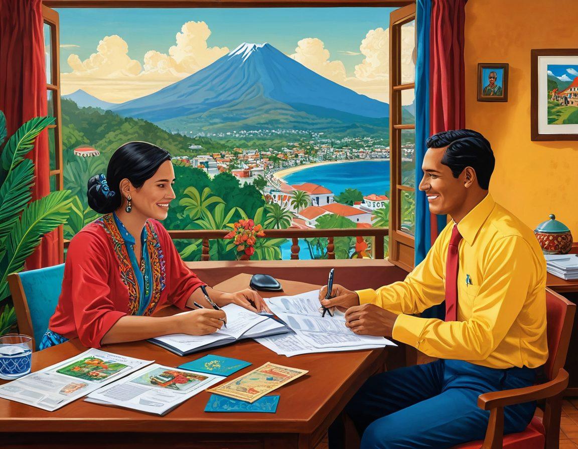 A vibrant, detailed illustration of an expat couple interacting with a friendly consular officer in an office, surrounded by visuals of key documents, a map of Guatemala, and cultural icons like the Quetzal bird and traditional textiles. The background shows a picturesque Guatemalan landscape with volcanoes and colonial architecture. vector art. vibrant colors.