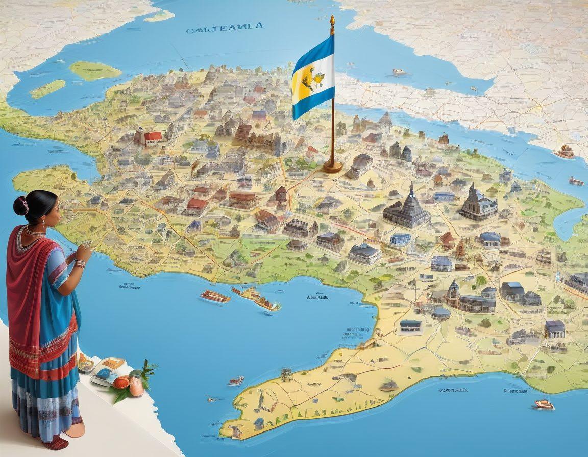 A detailed map of Guatemala with highlighted landmarks and consular offices, a passport with a visa stamp, and the Guatemalan flag prominently displayed. Include diverse people talking to consular officers at a service counter. Vibrant colors. White background. Vector art.