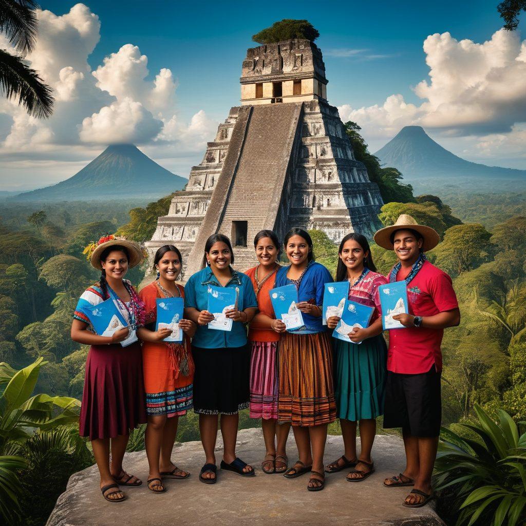 A diverse group of people holding Guatemalan passports, standing together in front of a backdrop of iconic Guatemalan landmarks like Tikal, volcanic mountains, and lush jungles. Include a Guatemalan flag waving energetically in the background. vibrant colors. super-realistic.